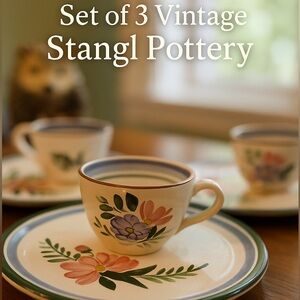 Floral Stoneware Tea party Set—Vintage Tea Cups + Plates Bundle | Stangl Pottery